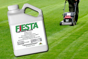 Fiesta Turf Weed Killer product image is shown over a photo of a green lawn being mowed by a push mower.